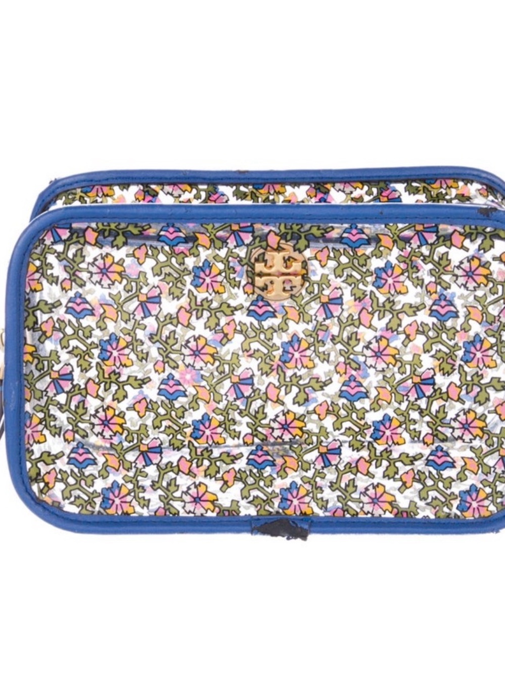 Tory Burch VGC Floral Pattern Cosmetic Pouch with Blue Trim